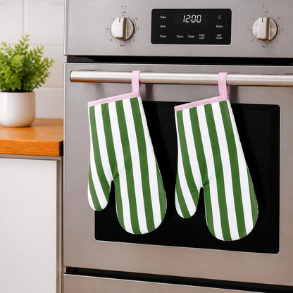 Botanical Green Pink Stripe Oven Mitts Set of 2 Heat Resistant Kitchen Oven Gloves for Cooking Baking Grilling Kitchen Decor, 6.7 x 10.6 Inch