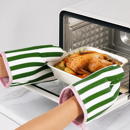 Botanical Green Pink Stripe Oven Mitts Set of 2 Heat Resistant Kitchen Oven Gloves for Cooking Baking Grilling Kitchen Decor, 6.7 x 10.6 Inch