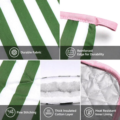 Botanical Green Pink Stripe Oven Mitts Set of 2 Heat Resistant Kitchen Oven Gloves for Cooking Baking Grilling Kitchen Decor, 6.7 x 10.6 Inch