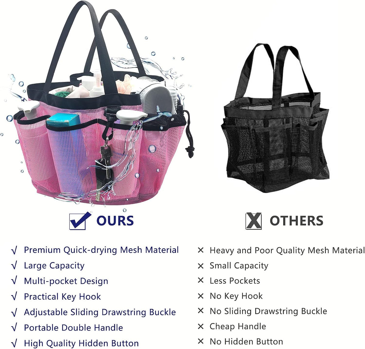 Large Mesh Shower Caddy Hanging Beach Tote Bag Travel Portable Cleaning Caddy Shower Organizer Camping Accessories College Dorm Room Essentials, Pink