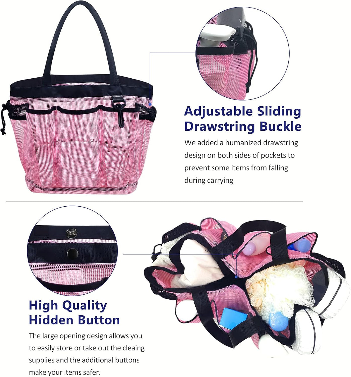 Large Mesh Shower Caddy Hanging Beach Tote Bag Travel Portable Cleaning Caddy Shower Organizer Camping Accessories College Dorm Room Essentials, Pink