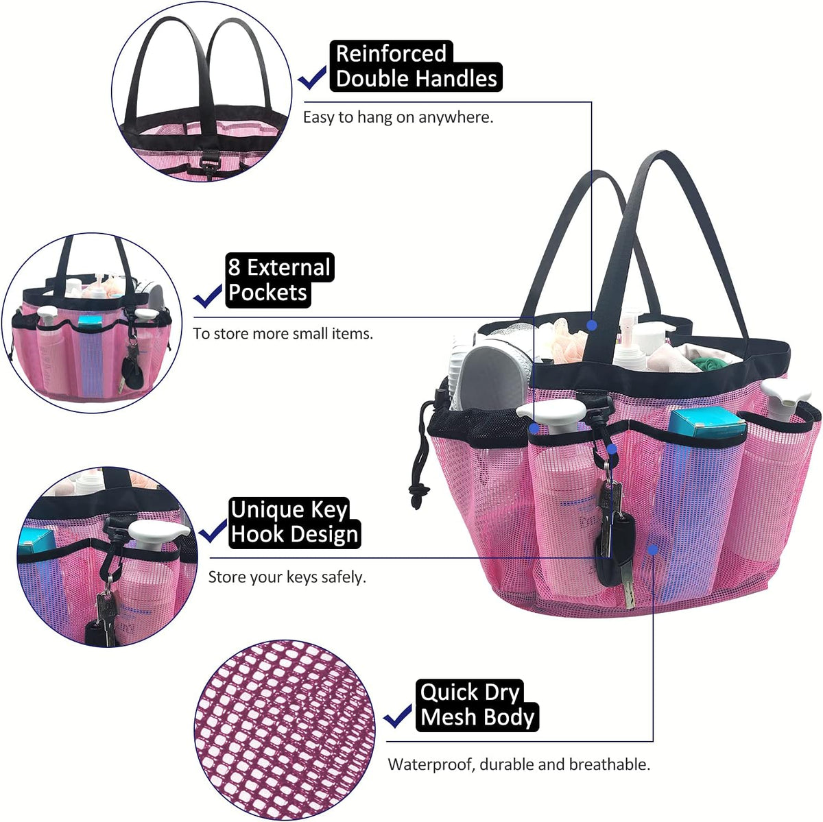 Large Mesh Shower Caddy Hanging Beach Tote Bag Travel Portable Cleaning Caddy Shower Organizer Camping Accessories College Dorm Room Essentials, Pink