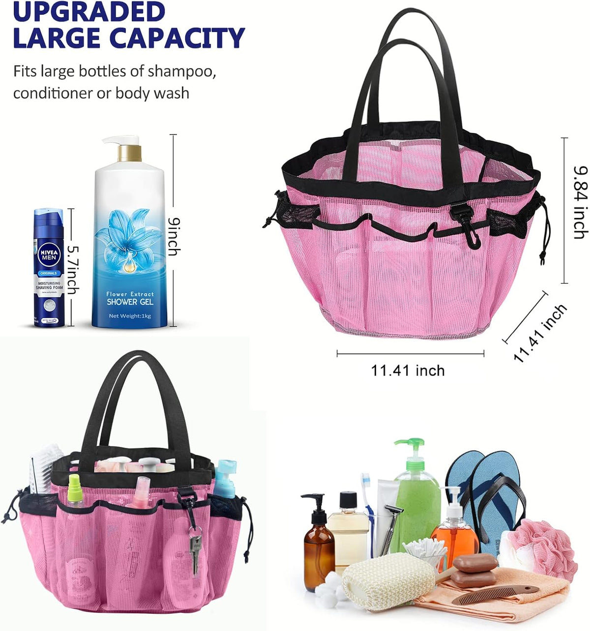 Large Mesh Shower Caddy Hanging Beach Tote Bag Travel Portable Cleaning Caddy Shower Organizer Camping Accessories College Dorm Room Essentials, Pink