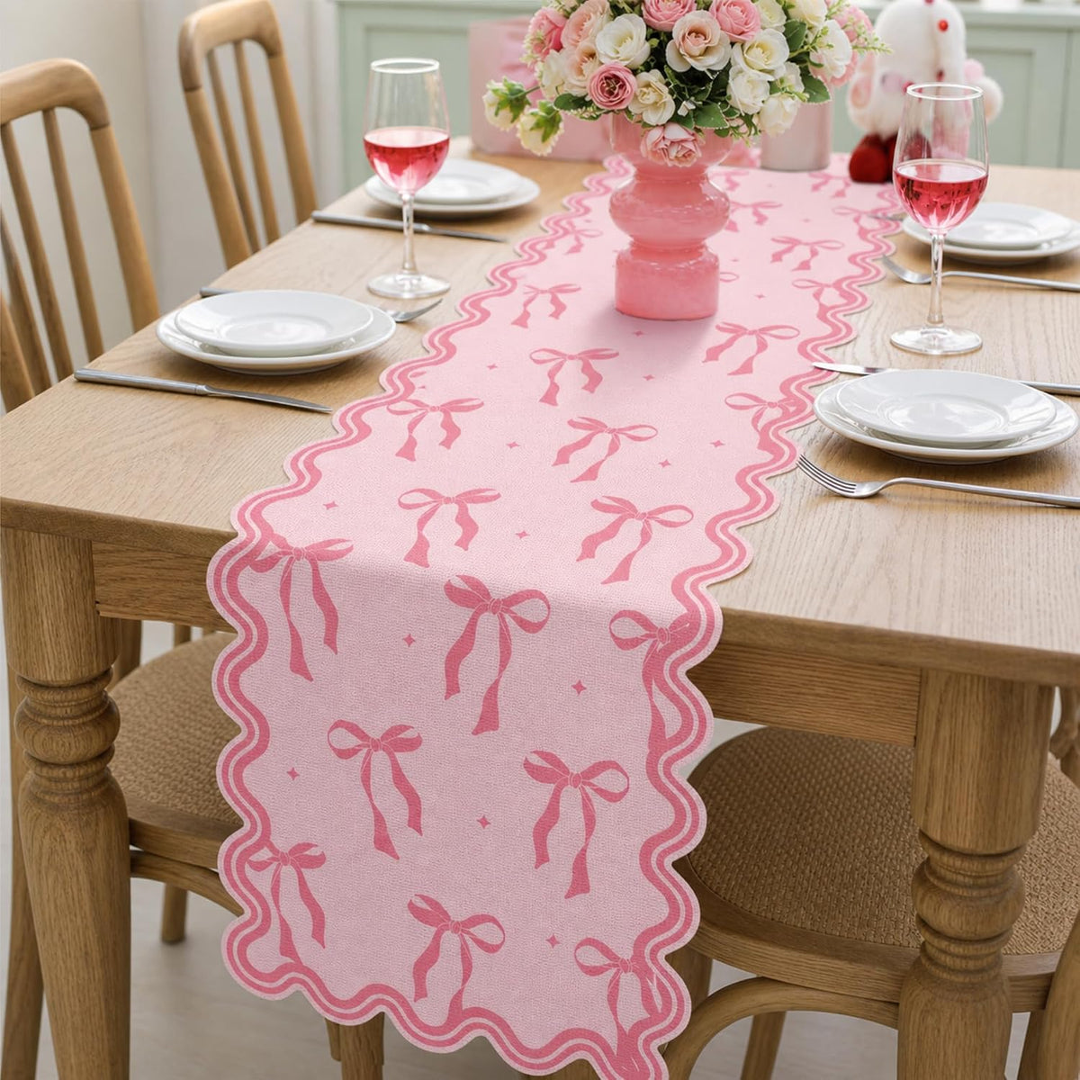Pink Bow Table Runner 72 Inches Cute Heart Linen Fabric Scalloped Table Runner Coquette Dining Decor for Birthday Baby Shower Party School Home Decor(Bow B)