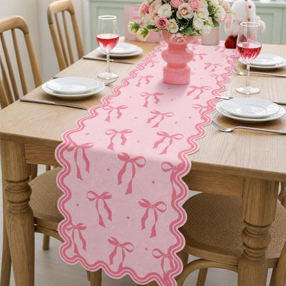 Pink Bow Table Runner 72 Inches Cute Heart Linen Fabric Scalloped Table Runner Coquette Dining Decor for Birthday Baby Shower Party School Home Decor(Bow B)
