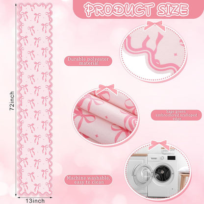 Pink Bow Table Runner 72 Inches Cute Heart Linen Fabric Scalloped Table Runner Coquette Dining Decor for Birthday Baby Shower Party School Home Decor(Bow B)