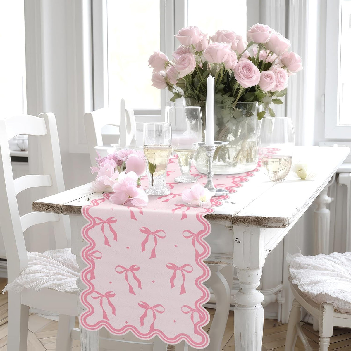 Pink Bow Table Runner 72 Inches Cute Heart Linen Fabric Scalloped Table Runner Coquette Dining Decor for Birthday Baby Shower Party School Home Decor(Bow B)