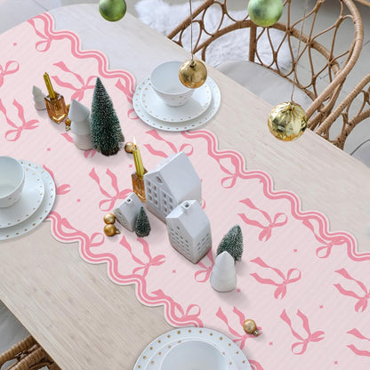 Pink Bow Table Runner 72 Inches Cute Heart Linen Fabric Scalloped Table Runner Coquette Dining Decor for Birthday Baby Shower Party School Home Decor(Bow B)