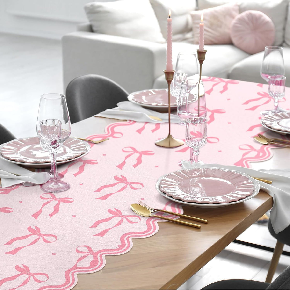 Pink Bow Table Runner 72 Inches Cute Heart Linen Fabric Scalloped Table Runner Coquette Dining Decor for Birthday Baby Shower Party School Home Decor(Bow B)