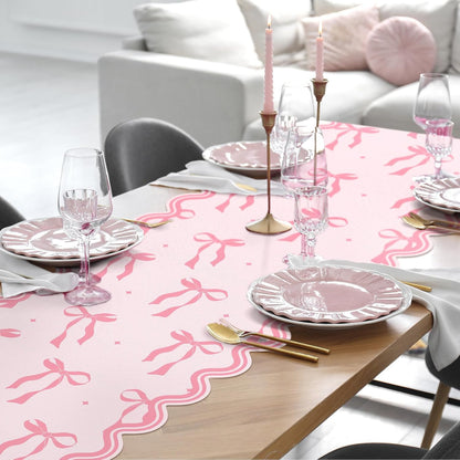 Pink Bow Table Runner 72 Inches Cute Heart Linen Fabric Scalloped Table Runner Coquette Dining Decor for Birthday Baby Shower Party School Home Decor(Bow B)