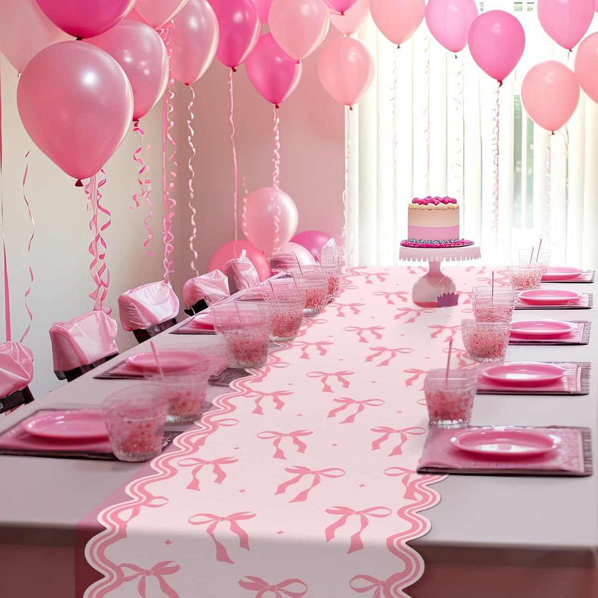 Pink Bow Table Runner 72 Inches Cute Heart Linen Fabric Scalloped Table Runner Coquette Dining Decor for Birthday Baby Shower Party School Home Decor(Bow B)