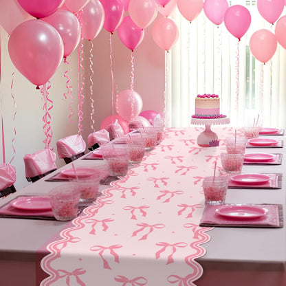 Pink Bow Table Runner 72 Inches Cute Heart Linen Fabric Scalloped Table Runner Coquette Dining Decor for Birthday Baby Shower Party School Home Decor(Bow B)