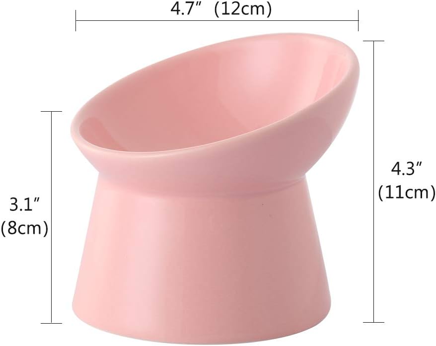 Pink Small Ceramic Raised Cat Bowls, Tilted Elevated Food or Water Bowls, Stress Free, Backflow Prevention, Dishwasher and Microwave Safe, Lead & Cadmium Free