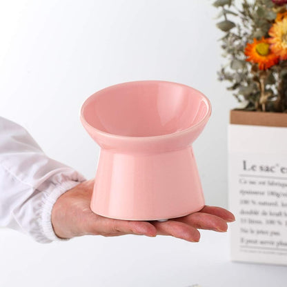 Pink Small Ceramic Raised Cat Bowls, Tilted Elevated Food or Water Bowls, Stress Free, Backflow Prevention, Dishwasher and Microwave Safe, Lead & Cadmium Free