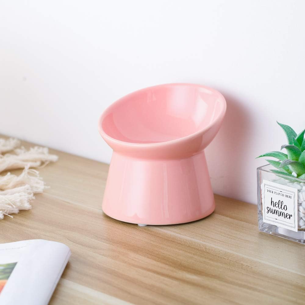 Pink Small Ceramic Raised Cat Bowls, Tilted Elevated Food or Water Bowls, Stress Free, Backflow Prevention, Dishwasher and Microwave Safe, Lead & Cadmium Free