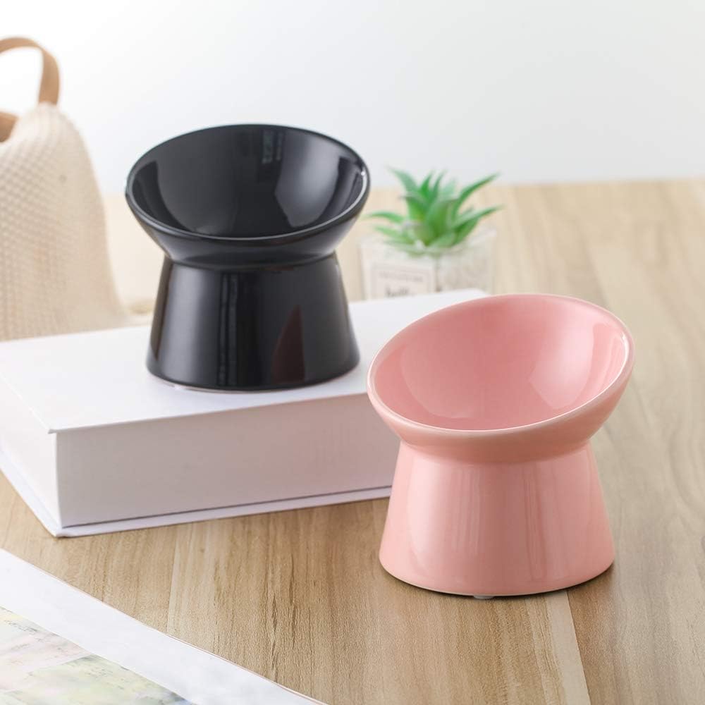Pink Small Ceramic Raised Cat Bowls, Tilted Elevated Food or Water Bowls, Stress Free, Backflow Prevention, Dishwasher and Microwave Safe, Lead & Cadmium Free