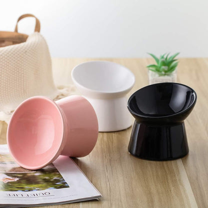 Pink Small Ceramic Raised Cat Bowls, Tilted Elevated Food or Water Bowls, Stress Free, Backflow Prevention, Dishwasher and Microwave Safe, Lead & Cadmium Free
