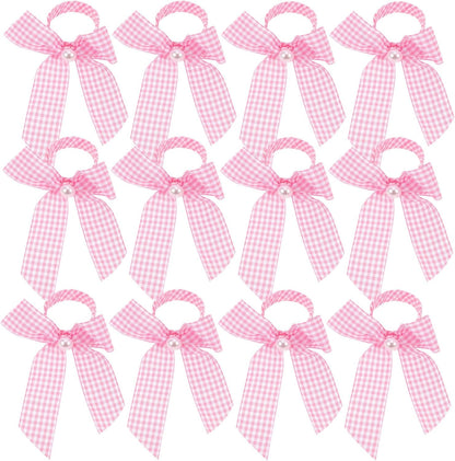 12pcs Pink Bow Napkin Rings Checkered Ribbon Napkin Holders for Shower Bridal Brunch Wedding Banquet Table Decor Reusable Lightweight Table Setting Accessories