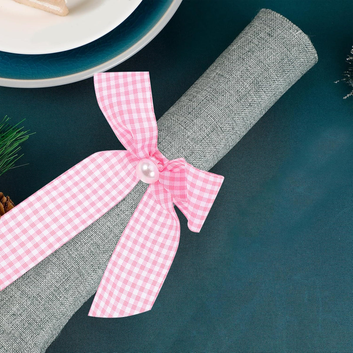 12pcs Pink Bow Napkin Rings Checkered Ribbon Napkin Holders for Shower Bridal Brunch Wedding Banquet Table Decor Reusable Lightweight Table Setting Accessories