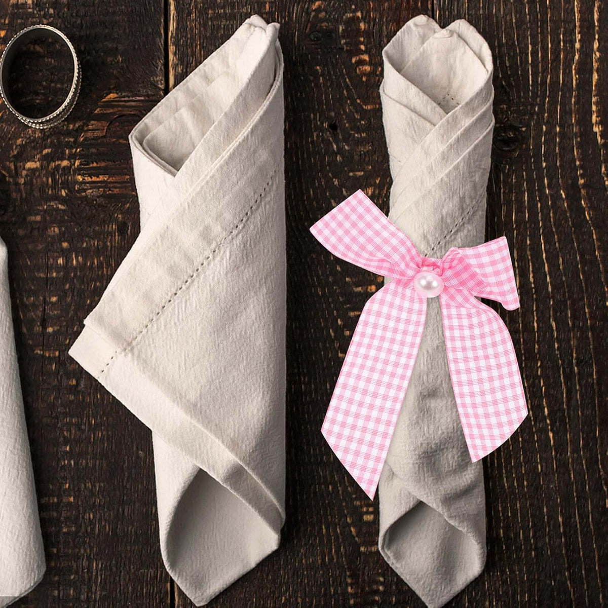 12pcs Pink Bow Napkin Rings Checkered Ribbon Napkin Holders for Shower Bridal Brunch Wedding Banquet Table Decor Reusable Lightweight Table Setting Accessories
