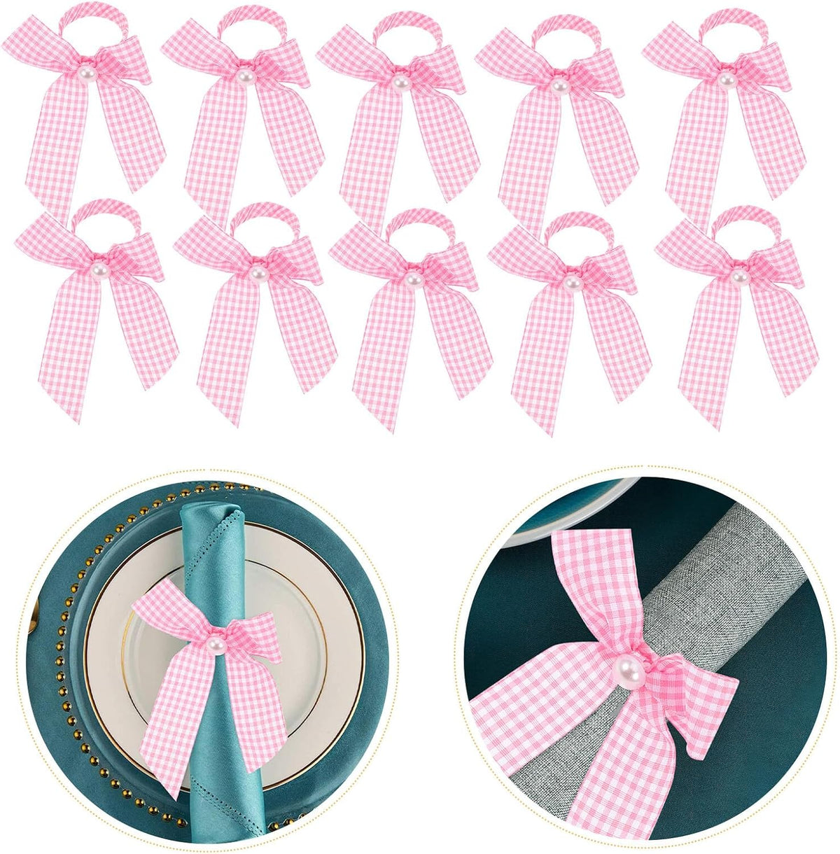 12pcs Pink Bow Napkin Rings Checkered Ribbon Napkin Holders for Shower Bridal Brunch Wedding Banquet Table Decor Reusable Lightweight Table Setting Accessories