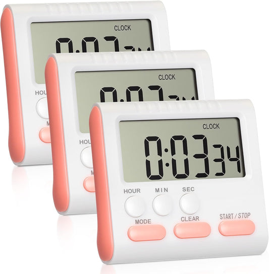 3 Pack Digital Kitchen Timer for Cooking, Large Digits, 24 Hour Magnetic Backing Stand Kitchen Timers Clock for Classroom Kids Teachers, Loud Alarm and Large Screen (Pink)