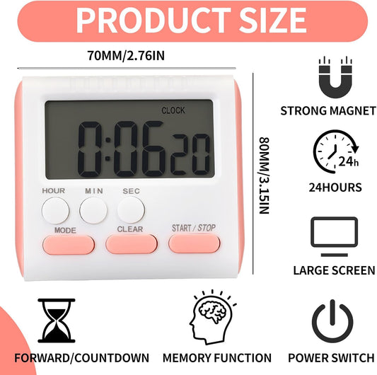 3 Pack Digital Kitchen Timer for Cooking, Large Digits, 24 Hour Magnetic Backing Stand Kitchen Timers Clock for Classroom Kids Teachers, Loud Alarm and Large Screen (Pink)