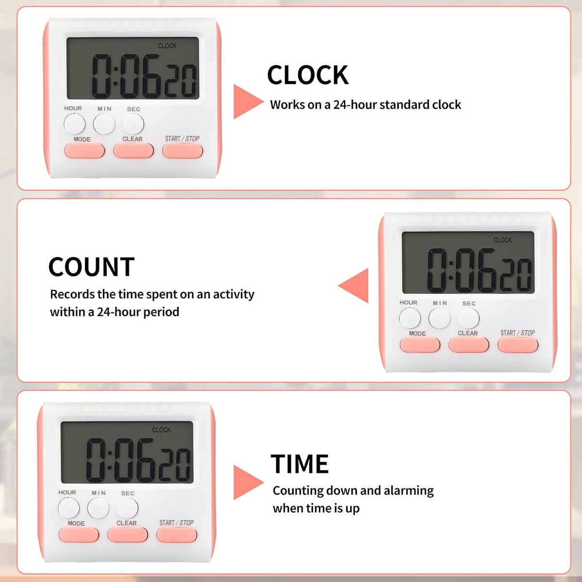 3 Pack Digital Kitchen Timer for Cooking, Large Digits, 24 Hour Magnetic Backing Stand Kitchen Timers Clock for Classroom Kids Teachers, Loud Alarm and Large Screen (Pink)