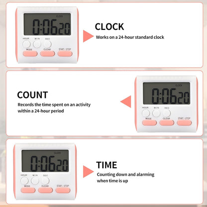 3 Pack Digital Kitchen Timer for Cooking, Large Digits, 24 Hour Magnetic Backing Stand Kitchen Timers Clock for Classroom Kids Teachers, Loud Alarm and Large Screen (Pink)