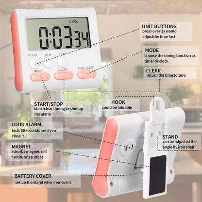 3 Pack Digital Kitchen Timer for Cooking, Large Digits, 24 Hour Magnetic Backing Stand Kitchen Timers Clock for Classroom Kids Teachers, Loud Alarm and Large Screen (Pink)