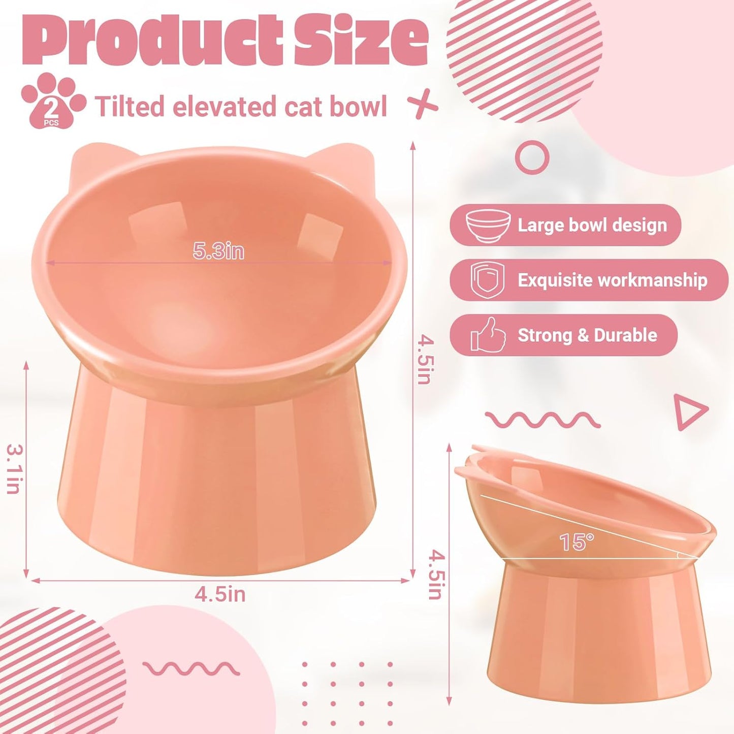 2 Pcs Elevated Cat Bowl Set, Tilted 15° Plastic Raised Food and Water Bowls Anti Vomit Pet Feeding Dishes for Indoor Cats/Small Dogs(Cat Ears,Peach)