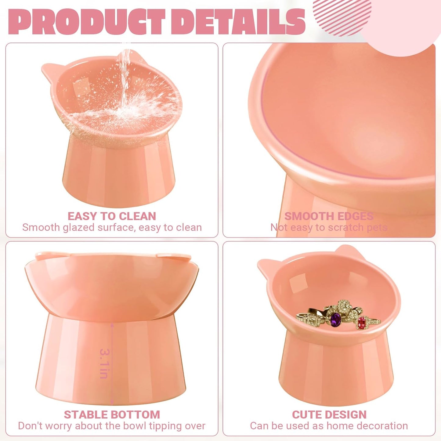 2 Pcs Elevated Cat Bowl Set, Tilted 15° Plastic Raised Food and Water Bowls Anti Vomit Pet Feeding Dishes for Indoor Cats/Small Dogs(Cat Ears,Peach)