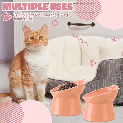 2 Pcs Elevated Cat Bowl Set, Tilted 15° Plastic Raised Food and Water Bowls Anti Vomit Pet Feeding Dishes for Indoor Cats/Small Dogs(Cat Ears,Peach)