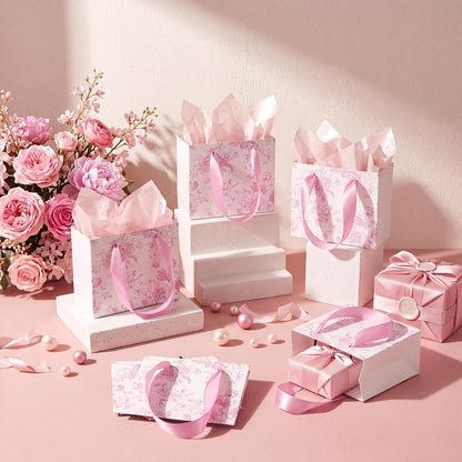 24 Pcs Small Floral Gift Bags, Pink,White Mini Paper Favor