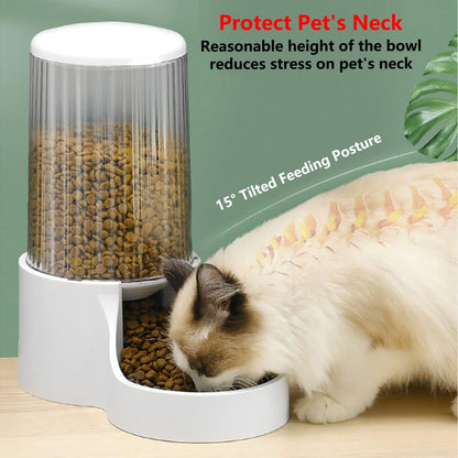 Automatic Cat Feeder, 3.8L Large Gravity Cat Food Dispenser with Detachable Top Lid, Visible Bottle and Stainless Steel Bowl for Pets (White)