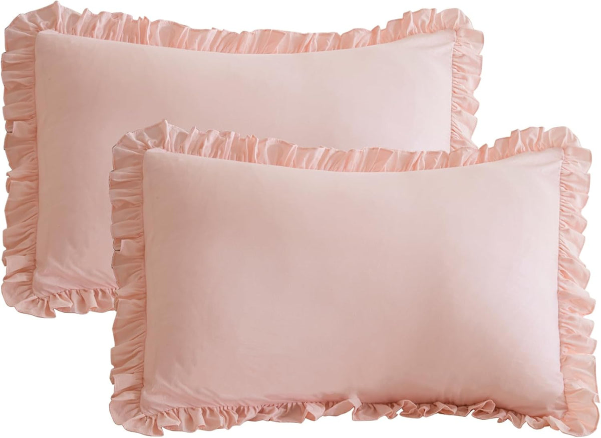 Pink Ruffled Pillow Shams Queen Size Set of 2, Shabby Farmhouse Pillow Cases 20"x30", Boho Chic Bedding Pillow Covers Queen Ultra Soft and Breathable Microfiber Pillow Sham
