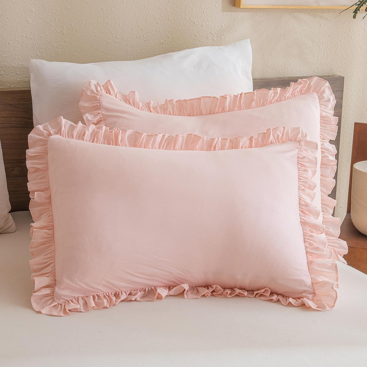 Pink Ruffled Pillow Shams Queen Size Set of 2, Shabby Farmhouse Pillow Cases 20"x30", Boho Chic Bedding Pillow Covers Queen Ultra Soft and Breathable Microfiber Pillow Sham