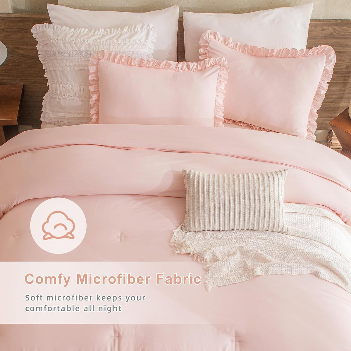 Pink Ruffled Pillow Shams Queen Size Set of 2, Shabby Farmhouse Pillow Cases 20"x30", Boho Chic Bedding Pillow Covers Queen Ultra Soft and Breathable Microfiber Pillow Sham
