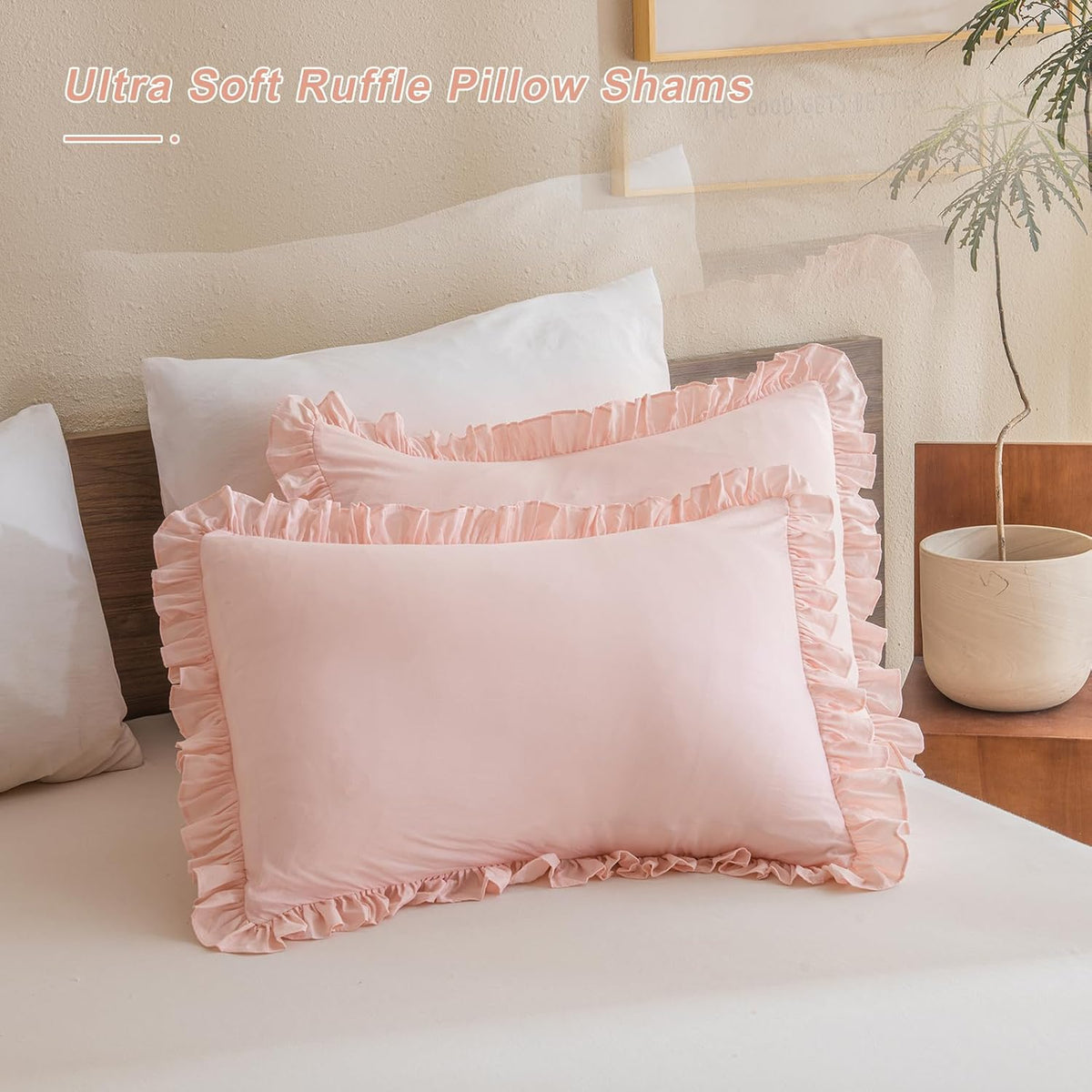 Pink Ruffled Pillow Shams Queen Size Set of 2, Shabby Farmhouse Pillow Cases 20"x30", Boho Chic Bedding Pillow Covers Queen Ultra Soft and Breathable Microfiber Pillow Sham
