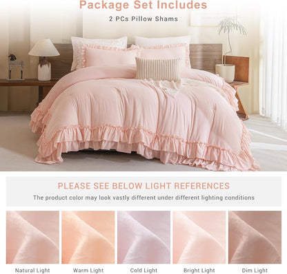Pink Ruffled Pillow Shams Queen Size Set of 2, Shabby Farmhouse Pillow Cases 20"x30", Boho Chic Bedding Pillow Covers Queen Ultra Soft and Breathable Microfiber Pillow Sham