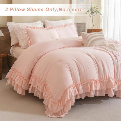 Pink Ruffled Pillow Shams Queen Size Set of 2, Shabby Farmhouse Pillow Cases 20"x30", Boho Chic Bedding Pillow Covers Queen Ultra Soft and Breathable Microfiber Pillow Sham