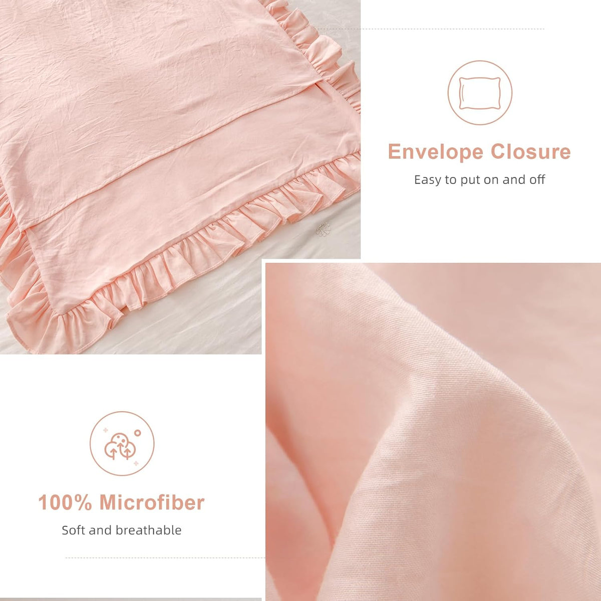Pink Ruffled Pillow Shams Queen Size Set of 2, Shabby Farmhouse Pillow Cases 20"x30", Boho Chic Bedding Pillow Covers Queen Ultra Soft and Breathable Microfiber Pillow Sham