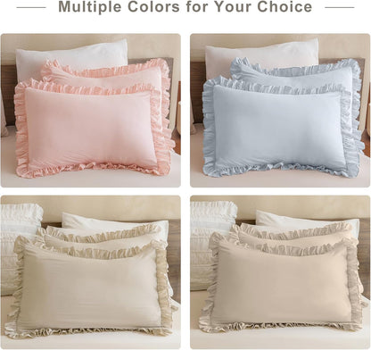 Pink Ruffled Pillow Shams Queen Size Set of 2, Shabby Farmhouse Pillow Cases 20"x30", Boho Chic Bedding Pillow Covers Queen Ultra Soft and Breathable Microfiber Pillow Sham