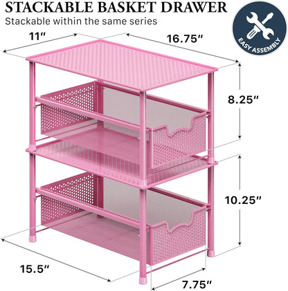 Stackable Under Sink Sliding Basket Drawer, Pink