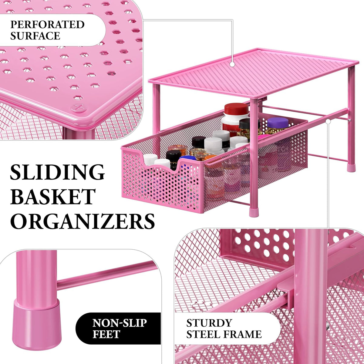 Stackable Under Sink Sliding Basket Drawer, Pink