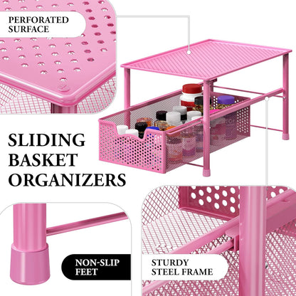Stackable Under Sink Sliding Basket Drawer, Pink
