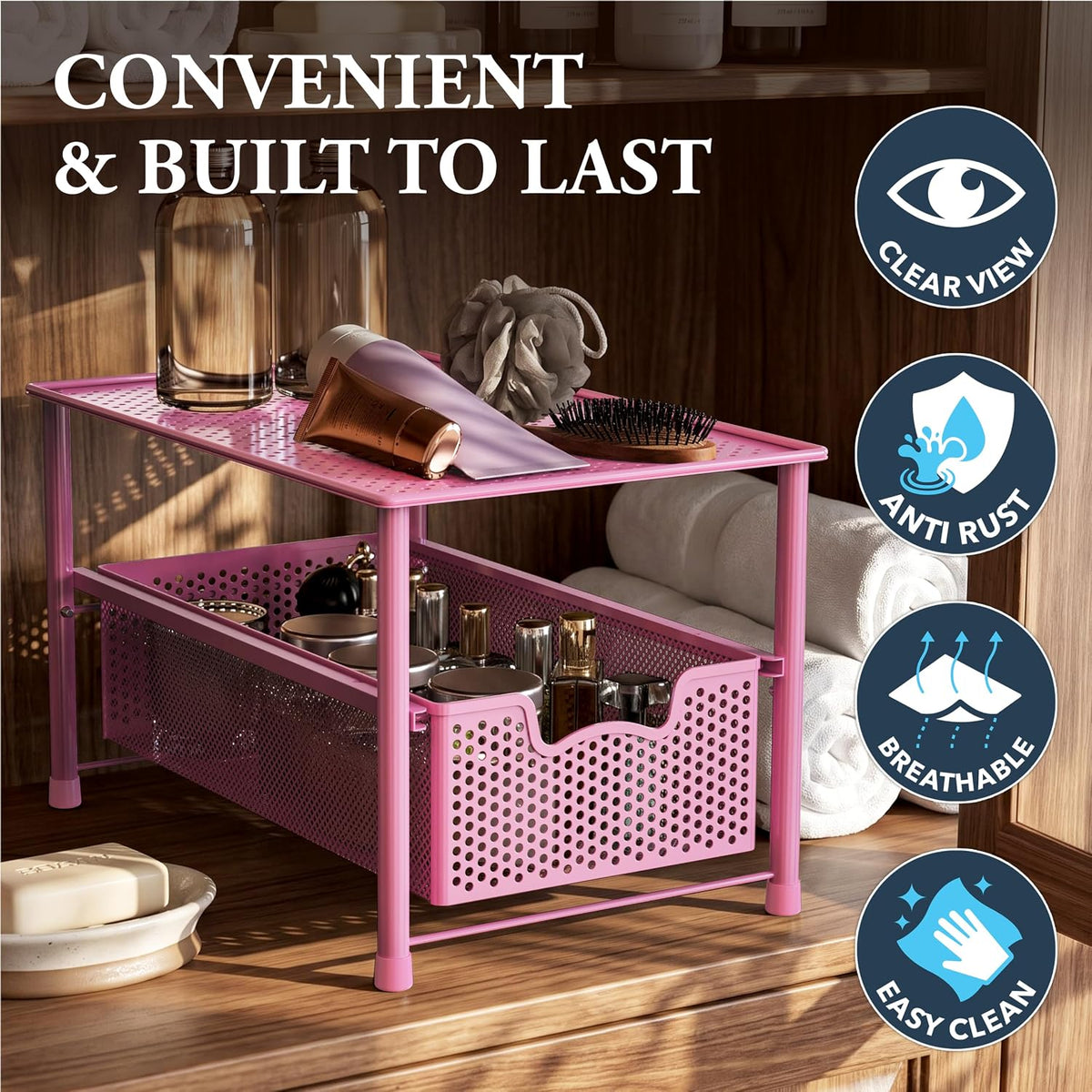 Stackable Under Sink Sliding Basket Drawer, Pink