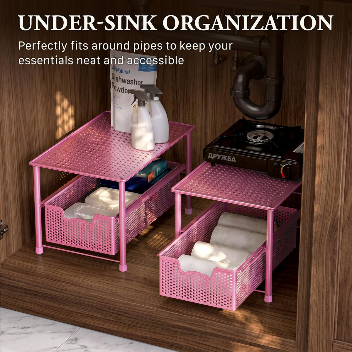 Stackable Under Sink Sliding Basket Drawer, Pink