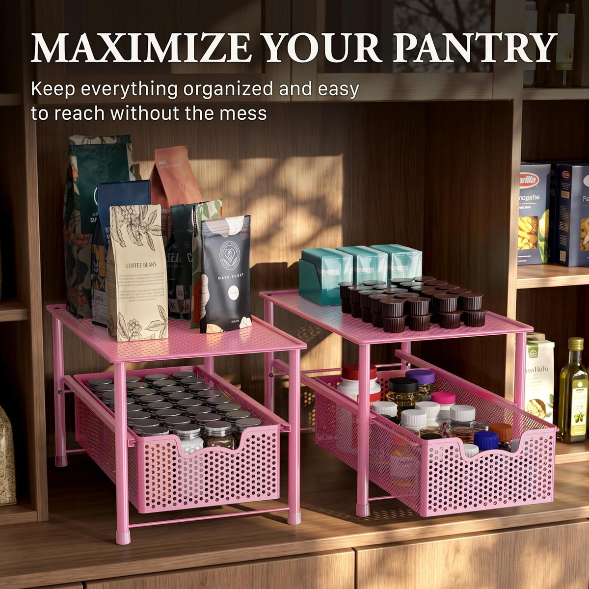 Stackable Under Sink Sliding Basket Drawer, Pink