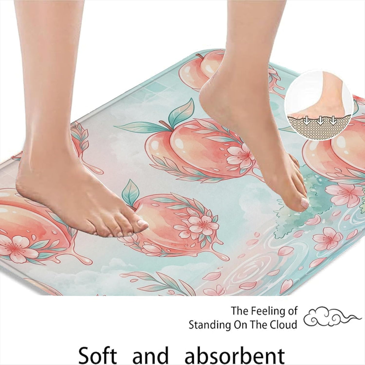 Peach Blossom Quick Dry Bath Mat, Floral Pastel Design Absorbent Non Slip Shower Mat, Spring Decorative Flannel Washable Bath Rugs for Bathroom Toilet Restroom 20x32 Inch